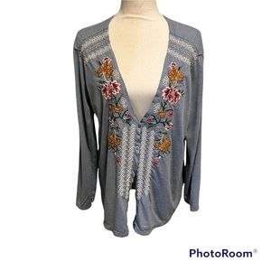 Johnny Was Blue Floral Henley Cardigan, Size Large.